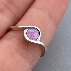 Sterling Silver 925 Pink Lab Opal Eye Finger Ring Size 4 Midi Pinky, USA Seller